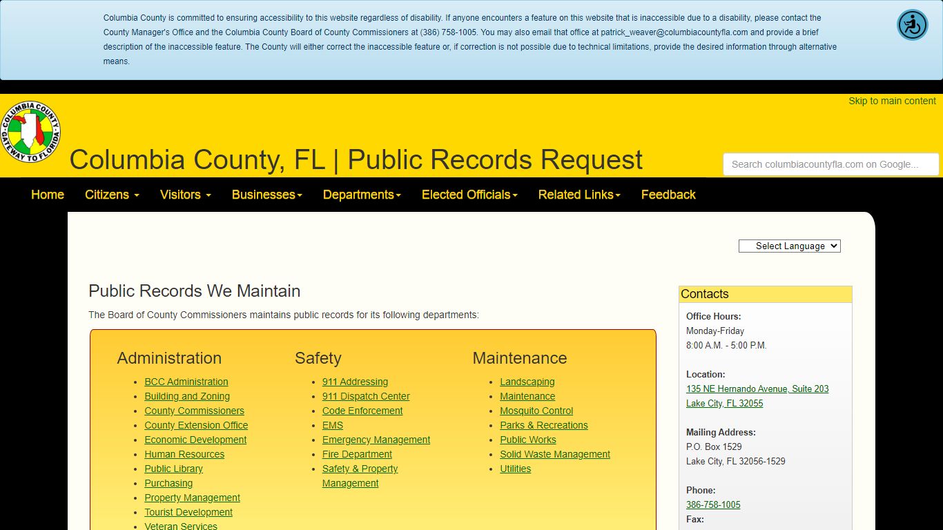 Public Records Request - Columbia County, Florida